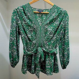 Max EditionWomen's Green Floral V-Neck Crepe Blouse with Waist Tie - Size S